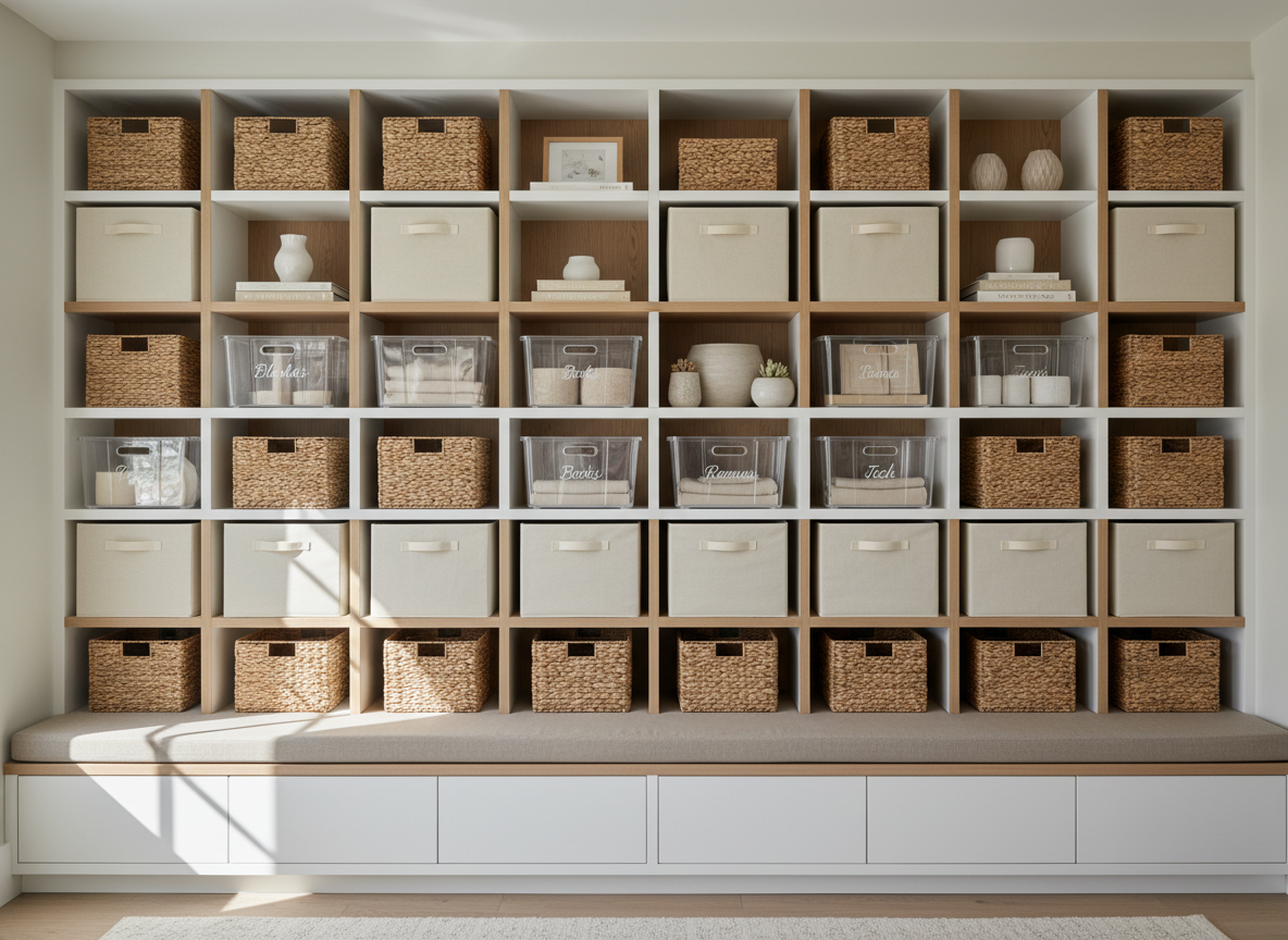 A meticulously organized open-concept living room storage wall in photographic realism, featuring floor-to-ceiling built‑in shelves in warm matte white with light oak accents. Each cubby holds coordinated woven baskets, labeled clear acrylic bins, and neatly stacked neutral storage boxes, arranged with intentional negative space. A low-profile storage bench with hidden drawers runs below, its cushion in soft taupe linen. Soft morning daylight filters through unseen windows, creating gentle, elongated shadows and subtle highlights on the textures. Shot at eye level with sharp focus throughout, the composition follows the rule of thirds, conveying a calm, sophisticated, and attainable sense of order in a contemporary home.