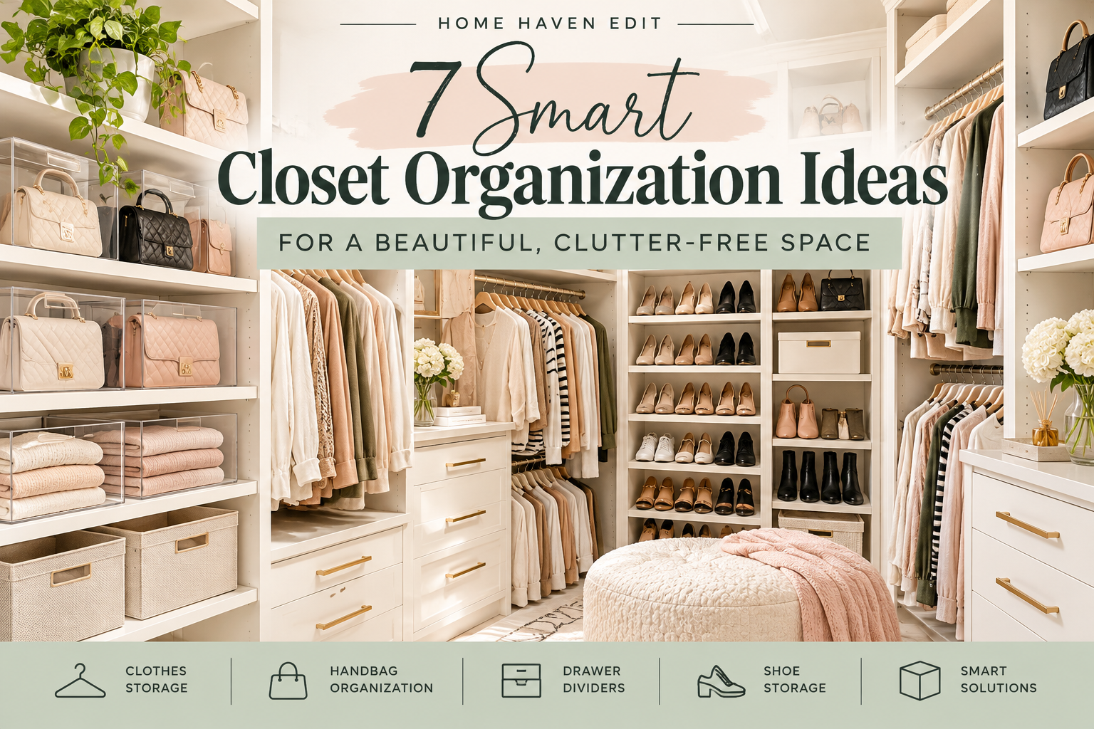Organized walk-in closet with handbags, clothes, shoes, and smart storage solutions